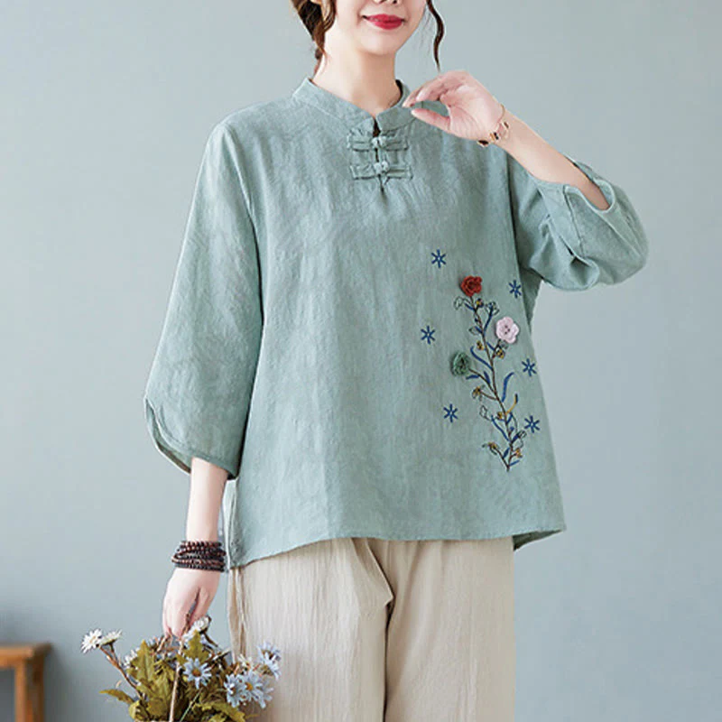 Camicia da donna in lino di cotone con bottoni a rana, manica a tre quarti, ricamo stereoscopico floreale estivo vintage Buddha Stones - Image 21