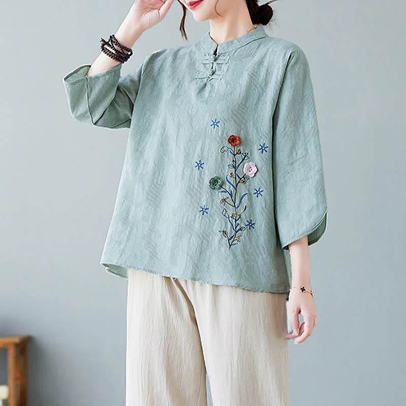 Camicia da donna in lino di cotone con bottoni a rana, manica a tre quarti, ricamo stereoscopico floreale estivo vintage Buddha Stones - Image 23