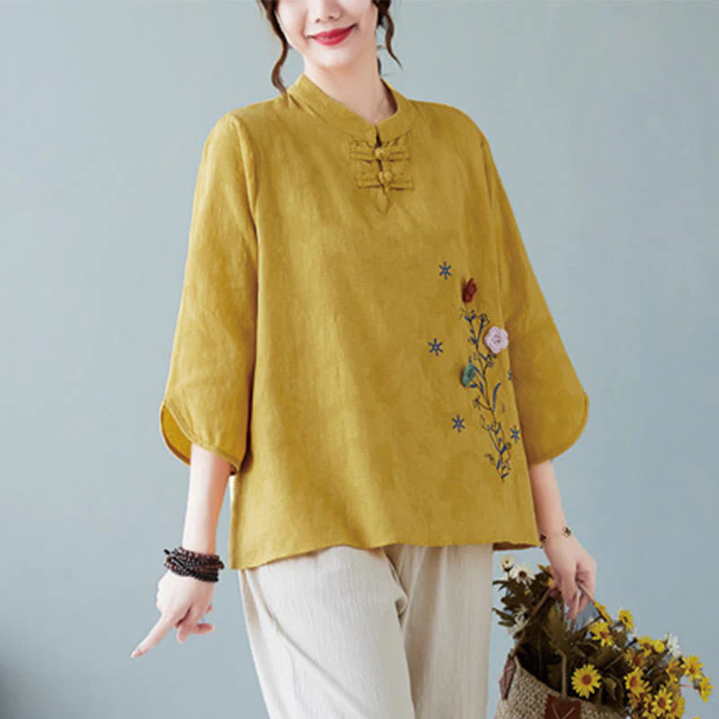 Camicia da donna in lino di cotone con bottoni a rana, manica a tre quarti, ricamo stereoscopico floreale estivo vintage Buddha Stones - Image 4