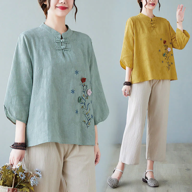 Camicia da donna in lino di cotone con bottoni a rana, manica a tre quarti, ricamo stereoscopico floreale estivo vintage Buddha Stones - Image 5