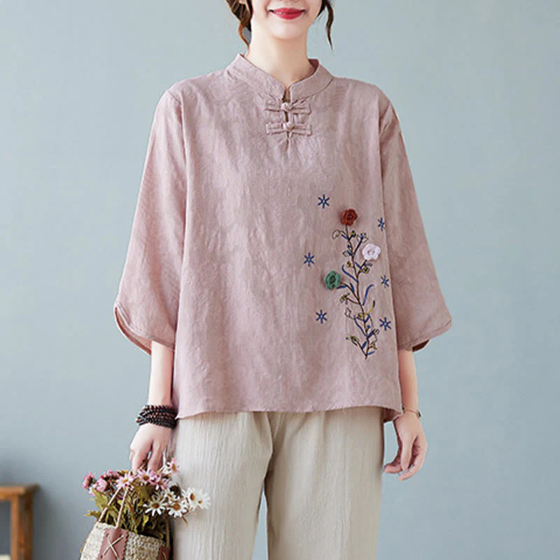 Camicia da donna in lino di cotone con bottoni a rana, manica a tre quarti, ricamo stereoscopico floreale estivo vintage Buddha Stones - Image 6