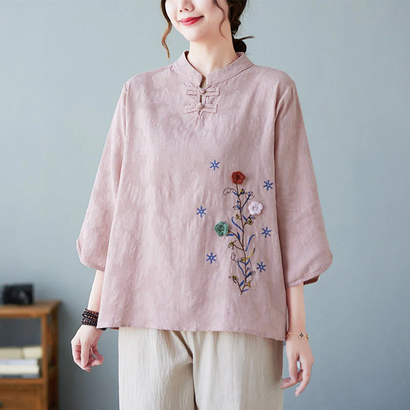 Camicia da donna in lino di cotone con bottoni a rana, manica a tre quarti, ricamo stereoscopico floreale estivo vintage Buddha Stones - Image 7