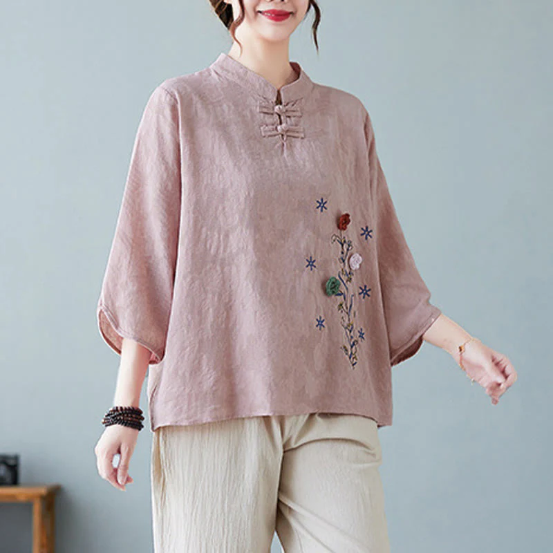 Camicia da donna in lino di cotone con bottoni a rana, manica a tre quarti, ricamo stereoscopico floreale estivo vintage Buddha Stones - Image 8