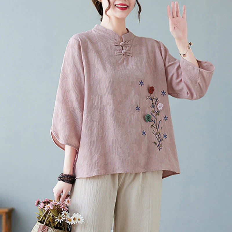 Camicia da donna in lino di cotone con bottoni a rana, manica a tre quarti, ricamo stereoscopico floreale estivo vintage Buddha Stones - Image 9
