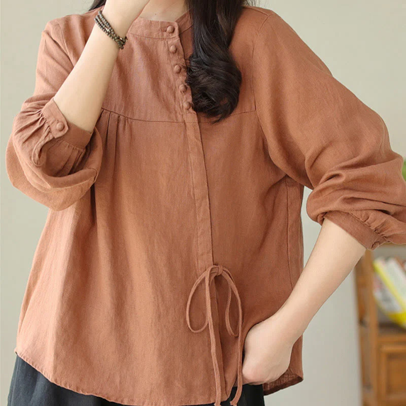 Camicia da donna in lino e cotone a maniche lunghe con colletto alto, tinta unita e casual, modello Buddha Stones