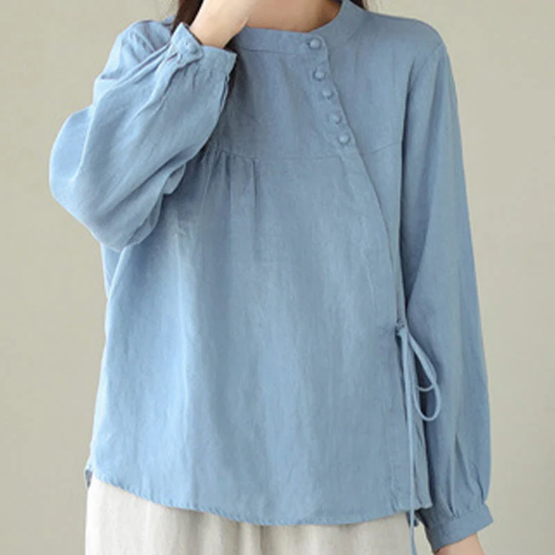 Camicia da donna in lino e cotone a maniche lunghe con colletto alto, tinta unita e casual, modello Buddha Stones - Image 10
