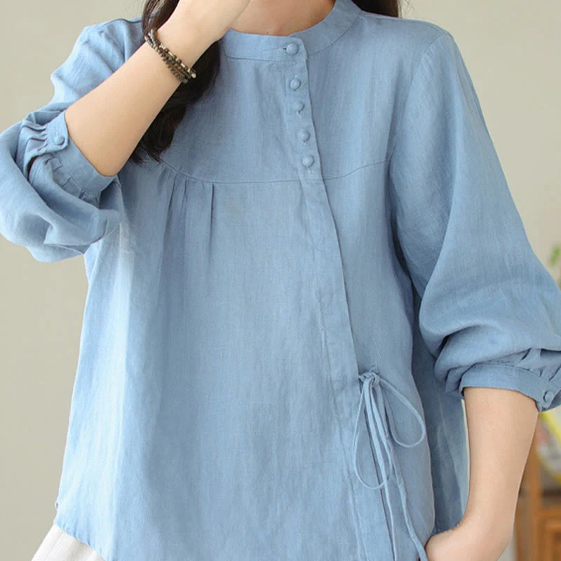 Camicia da donna in lino e cotone a maniche lunghe con colletto alto, tinta unita e casual, modello Buddha Stones - Image 11