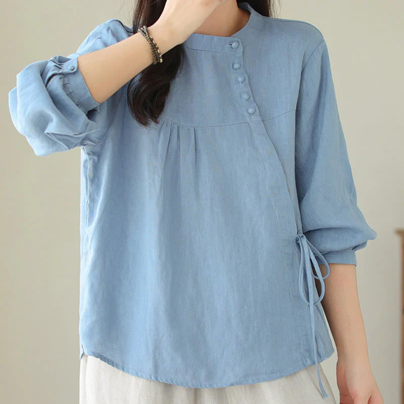 Camicia da donna in lino e cotone a maniche lunghe con colletto alto, tinta unita e casual, modello Buddha Stones - Image 12