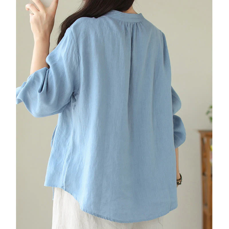 Camicia da donna in lino e cotone a maniche lunghe con colletto alto, tinta unita e casual, modello Buddha Stones - Image 13