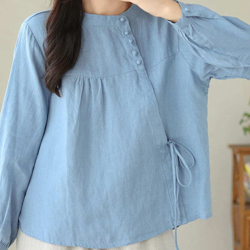 Camicia da donna in lino e cotone a maniche lunghe con colletto alto, tinta unita e casual, modello Buddha Stones - Image 14