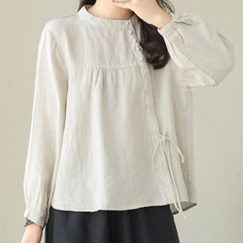 Camicia da donna in lino e cotone a maniche lunghe con colletto alto, tinta unita e casual, modello Buddha Stones - Image 15