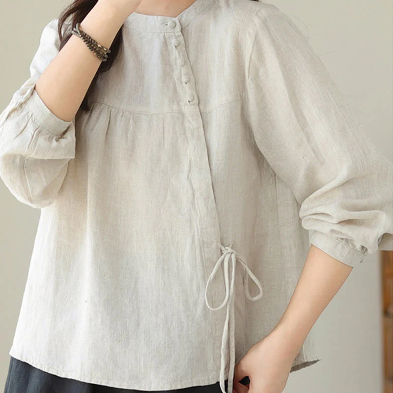 Camicia da donna in lino e cotone a maniche lunghe con colletto alto, tinta unita e casual, modello Buddha Stones - Image 16