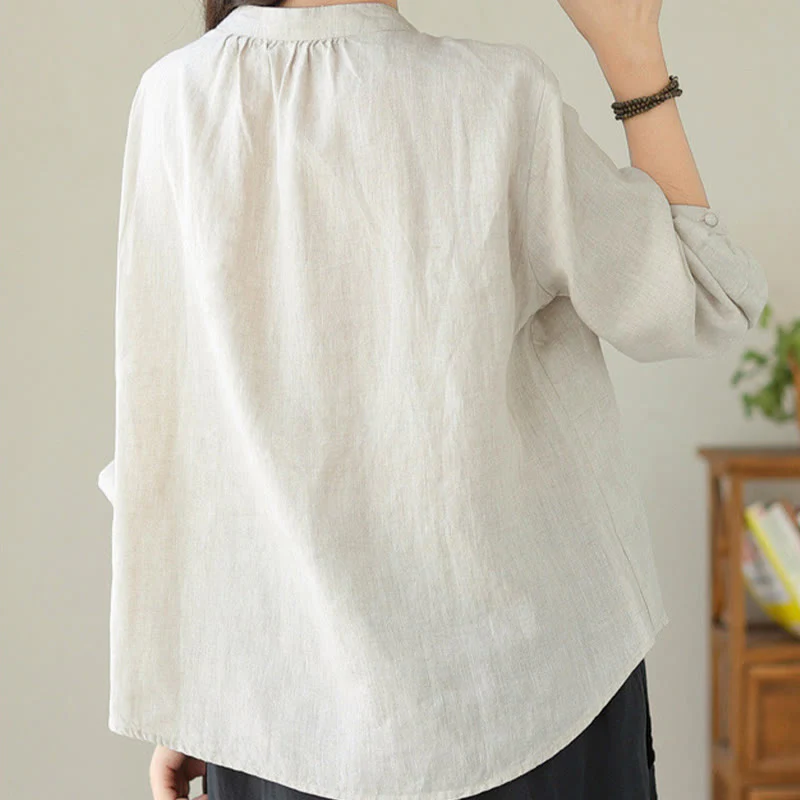 Camicia da donna in lino e cotone a maniche lunghe con colletto alto, tinta unita e casual, modello Buddha Stones - Image 17