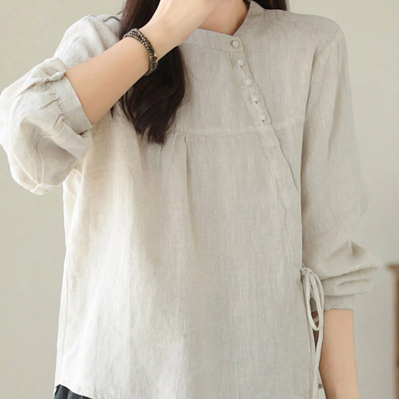 Camicia da donna in lino e cotone a maniche lunghe con colletto alto, tinta unita e casual, modello Buddha Stones - Image 18