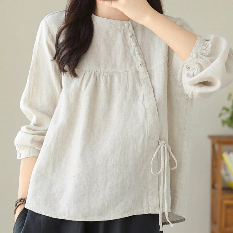 Camicia da donna in lino e cotone a maniche lunghe con colletto alto, tinta unita e casual, modello Buddha Stones - Image 19