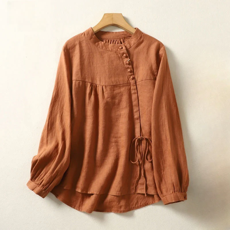 Camicia da donna in lino e cotone a maniche lunghe con colletto alto, tinta unita e casual, modello Buddha Stones - Image 2