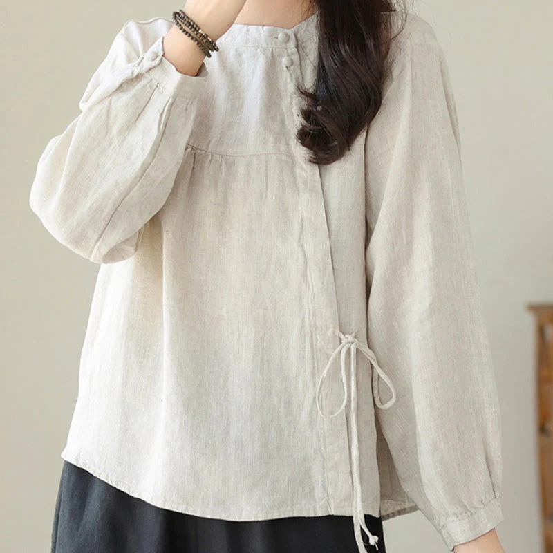 Camicia da donna in lino e cotone a maniche lunghe con colletto alto, tinta unita e casual, modello Buddha Stones - Image 20