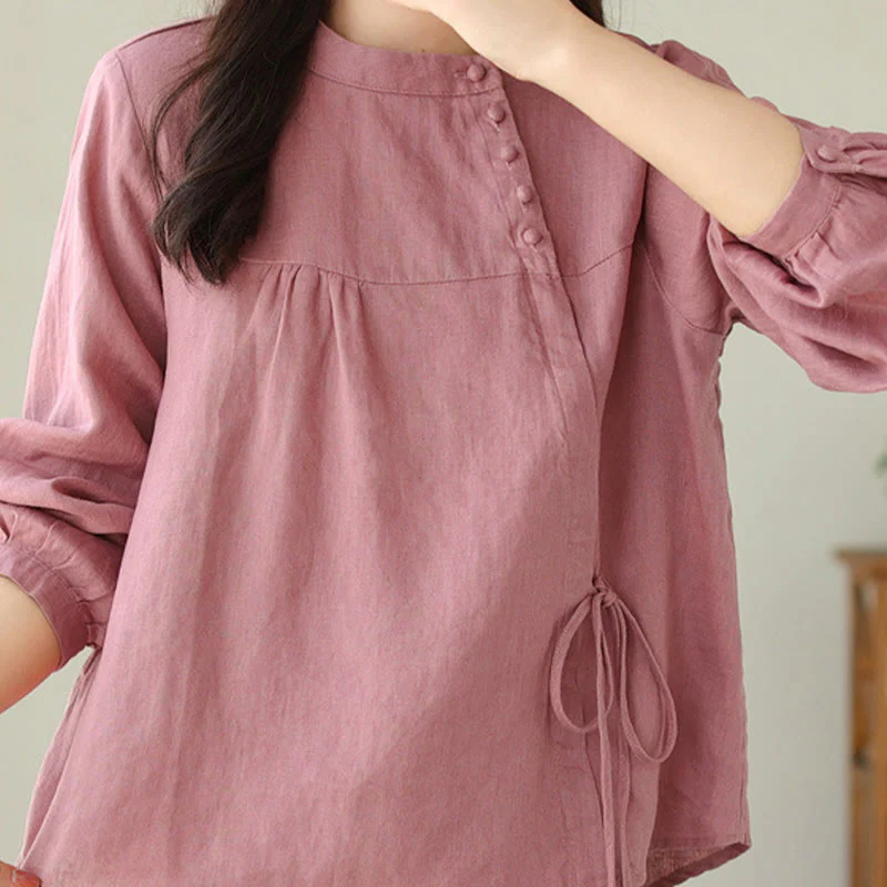 Camicia da donna in lino e cotone a maniche lunghe con colletto alto, tinta unita e casual, modello Buddha Stones - Image 22