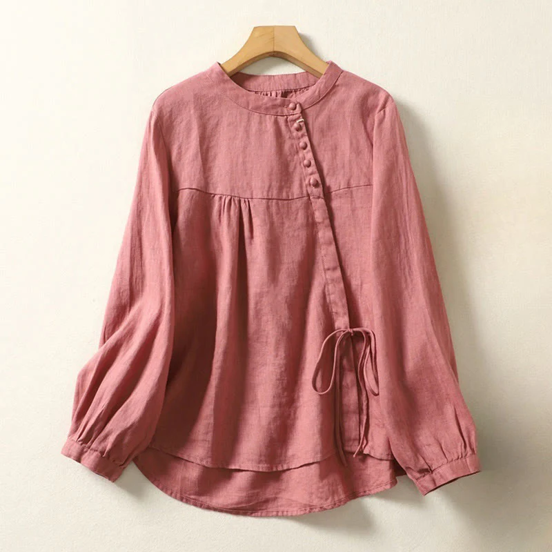 Camicia da donna in lino e cotone a maniche lunghe con colletto alto, tinta unita e casual, modello Buddha Stones - Image 23