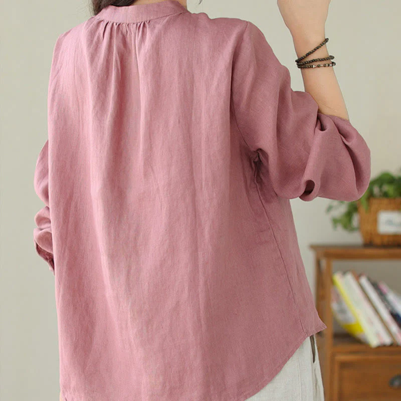 Camicia da donna in lino e cotone a maniche lunghe con colletto alto, tinta unita e casual, modello Buddha Stones - Image 24