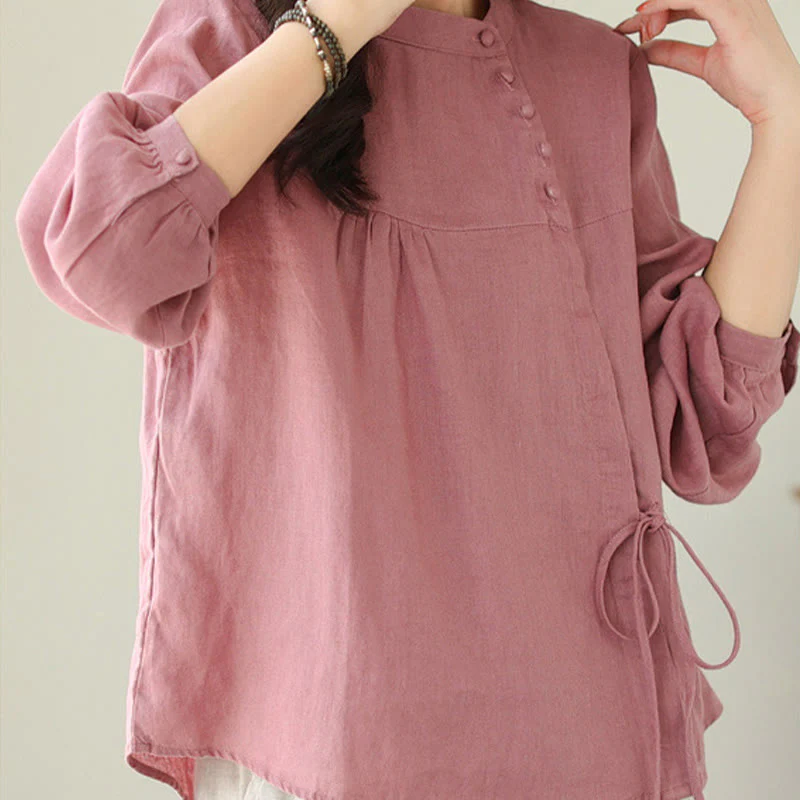 Camicia da donna in lino e cotone a maniche lunghe con colletto alto, tinta unita e casual, modello Buddha Stones - Image 25