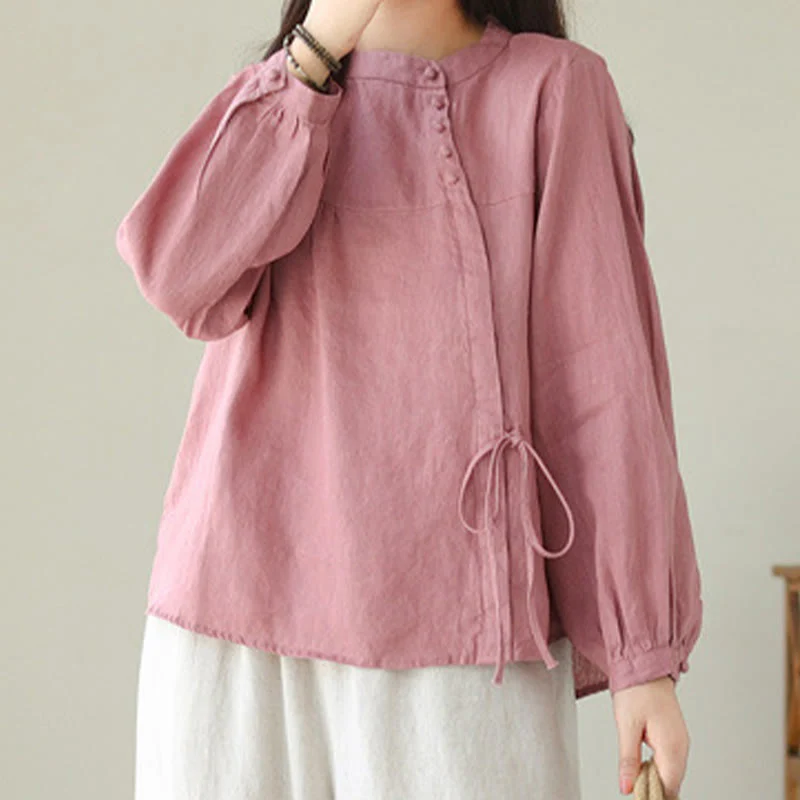 Camicia da donna in lino e cotone a maniche lunghe con colletto alto, tinta unita e casual, modello Buddha Stones - Image 26