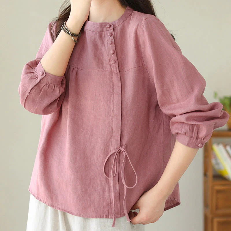 Camicia da donna in lino e cotone a maniche lunghe con colletto alto, tinta unita e casual, modello Buddha Stones - Image 27