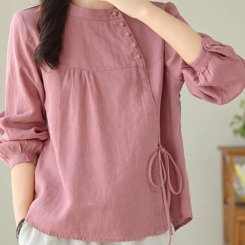 Camicia da donna in lino e cotone a maniche lunghe con colletto alto, tinta unita e casual, modello Buddha Stones - Image 28
