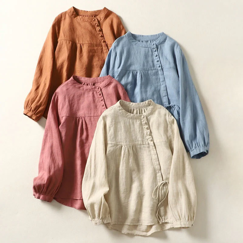 Camicia da donna in lino e cotone a maniche lunghe con colletto alto, tinta unita e casual, modello Buddha Stones - Image 29