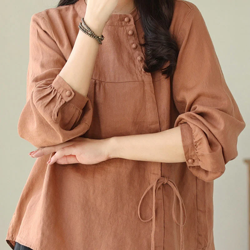 Camicia da donna in lino e cotone a maniche lunghe con colletto alto, tinta unita e casual, modello Buddha Stones - Image 3