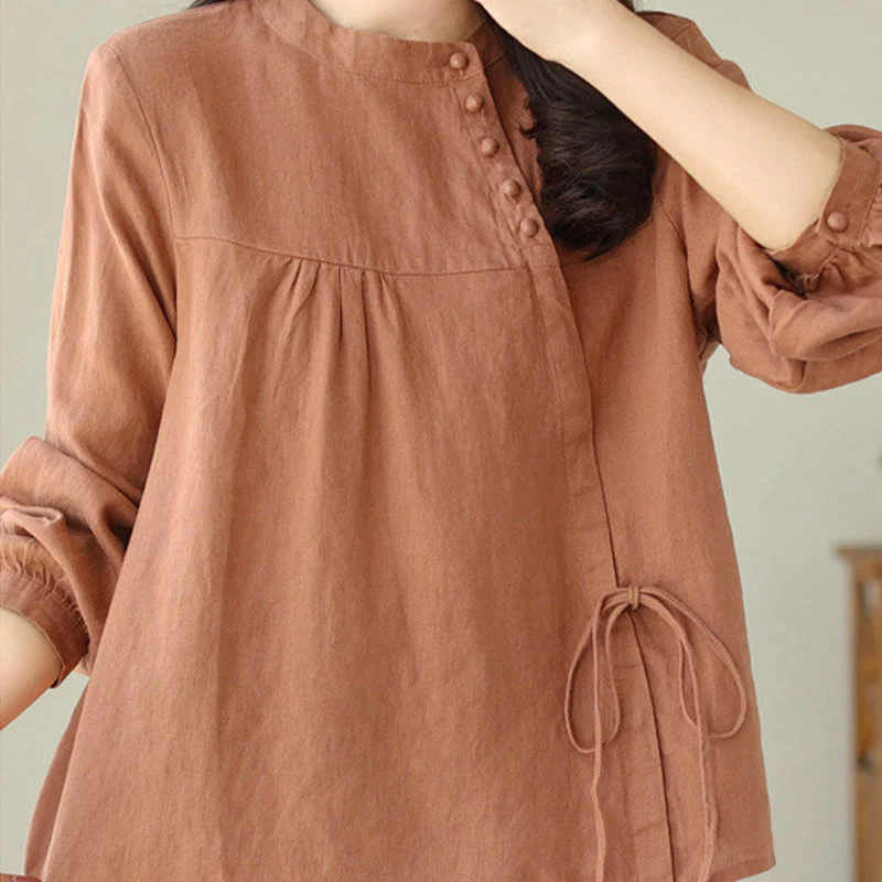 Camicia da donna in lino e cotone a maniche lunghe con colletto alto, tinta unita e casual, modello Buddha Stones - Image 4