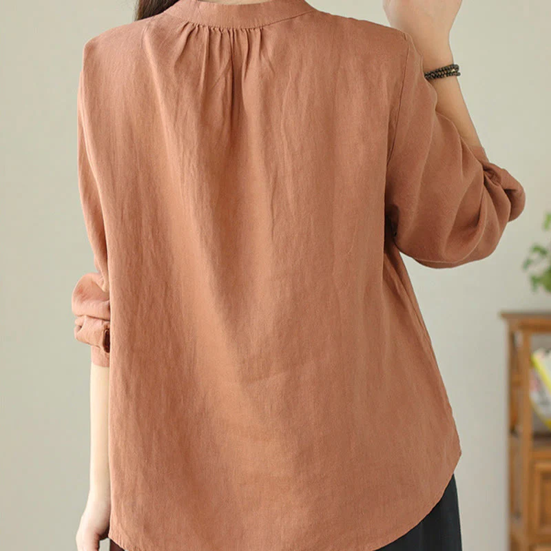 Camicia da donna in lino e cotone a maniche lunghe con colletto alto, tinta unita e casual, modello Buddha Stones - Image 5