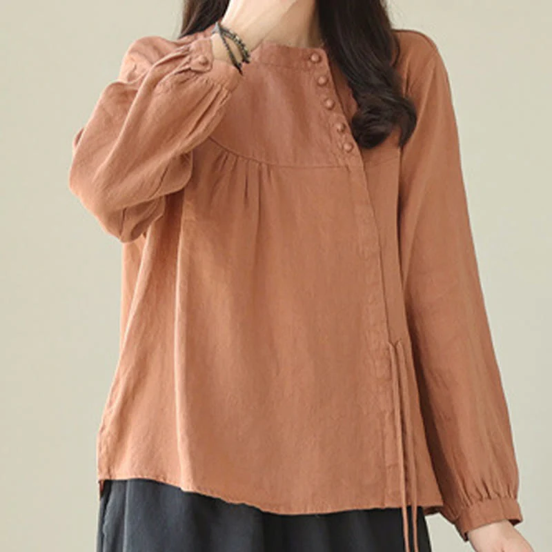 Camicia da donna in lino e cotone a maniche lunghe con colletto alto, tinta unita e casual, modello Buddha Stones - Image 6