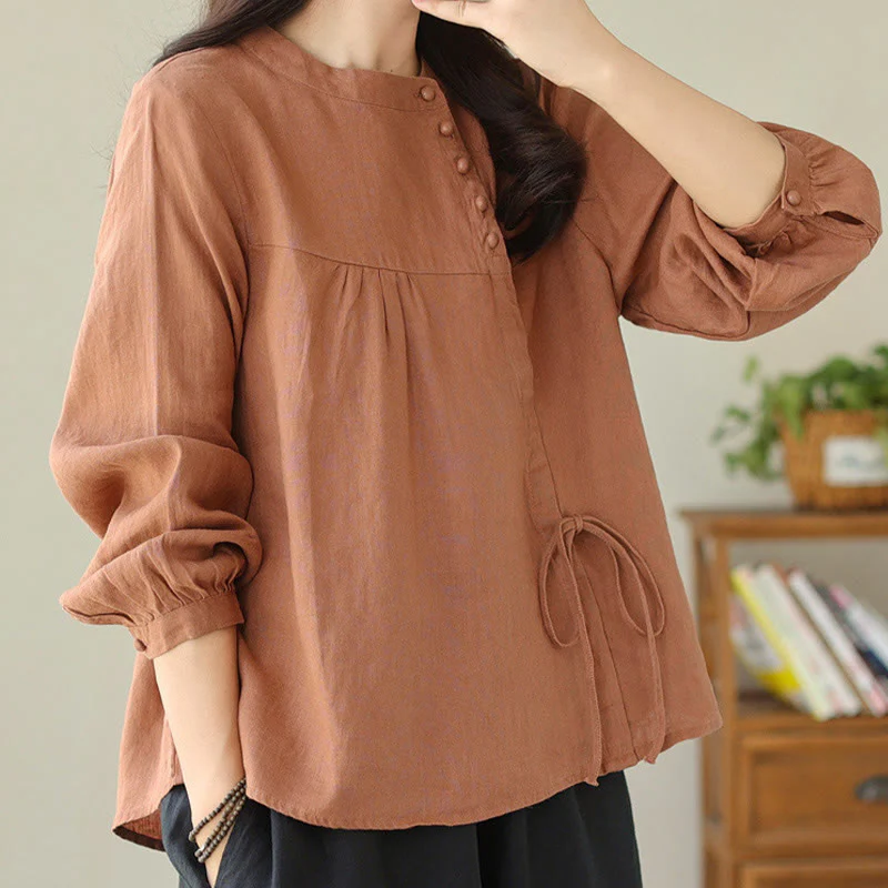 Camicia da donna in lino e cotone a maniche lunghe con colletto alto, tinta unita e casual, modello Buddha Stones - Image 7