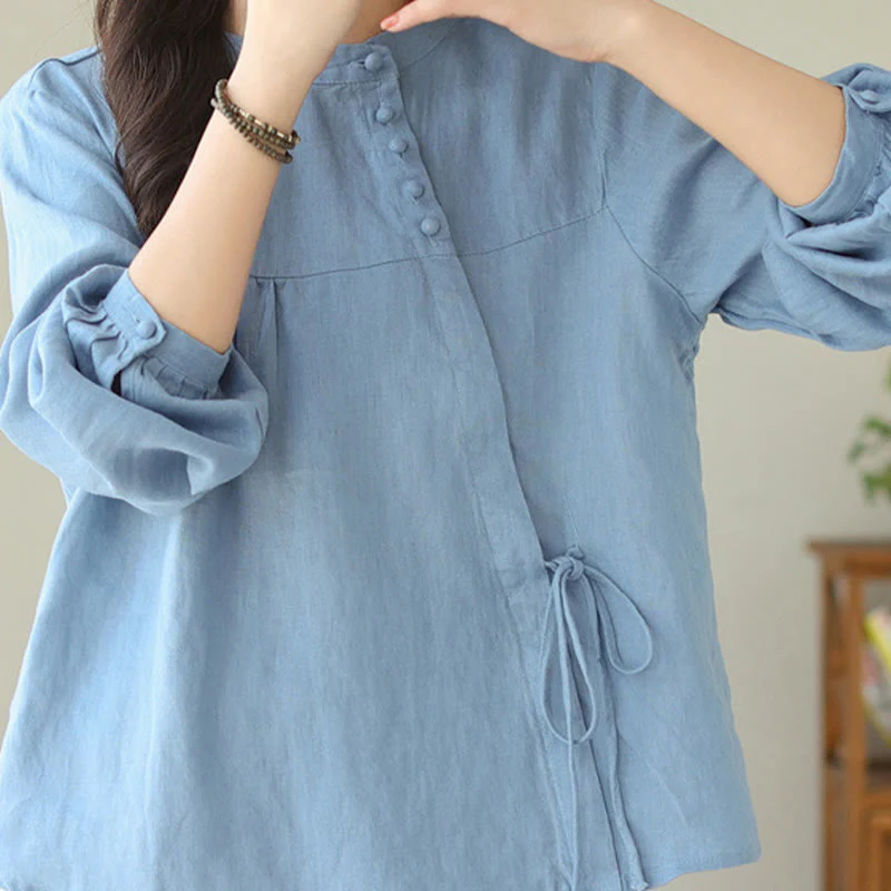 Camicia da donna in lino e cotone a maniche lunghe con colletto alto, tinta unita e casual, modello Buddha Stones - Image 8
