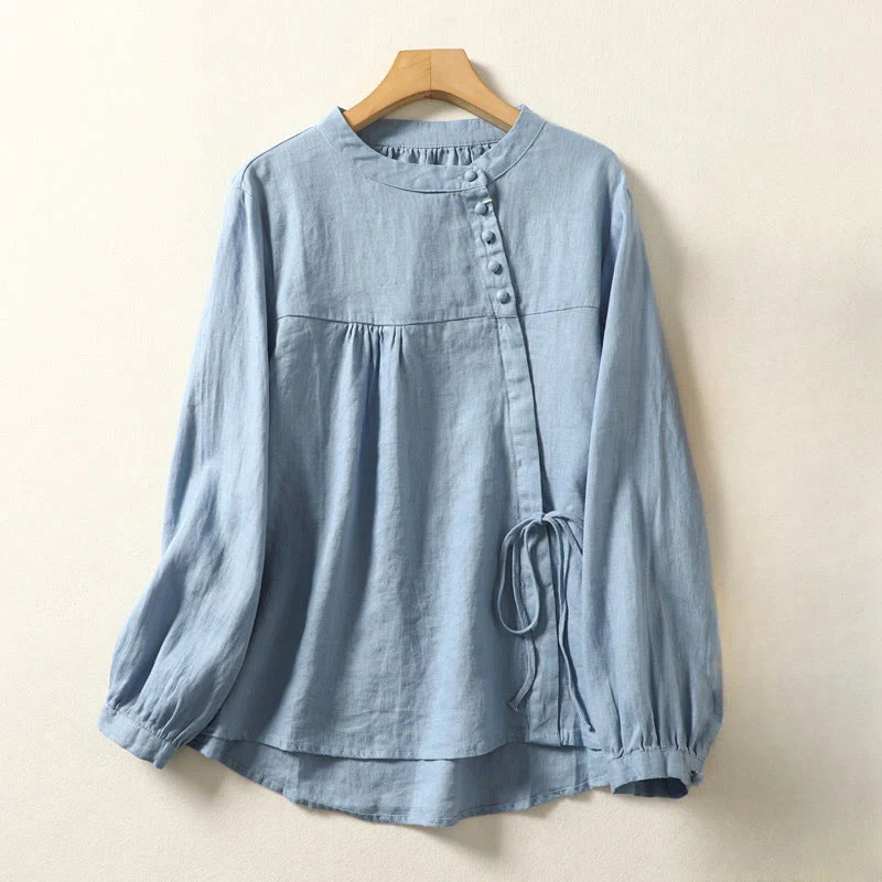 Camicia da donna in lino e cotone a maniche lunghe con colletto alto, tinta unita e casual, modello Buddha Stones - Image 9