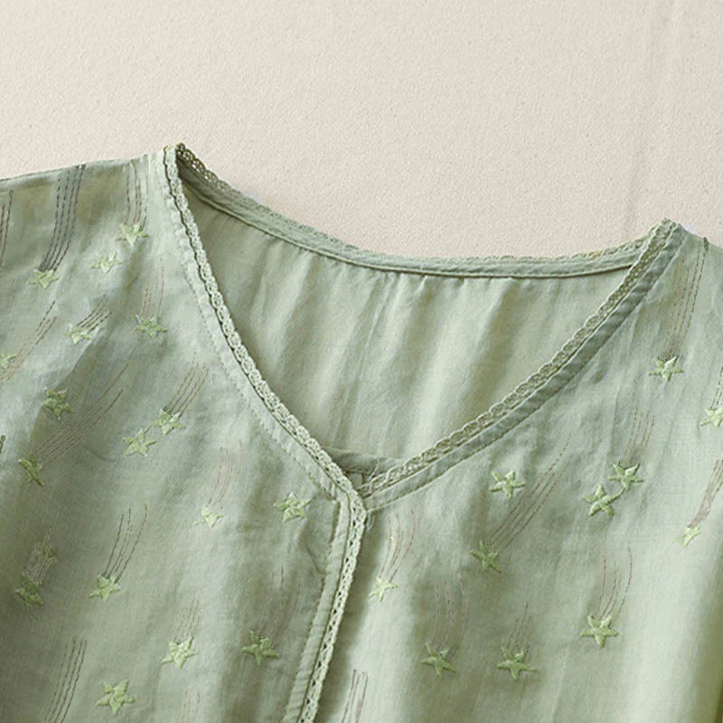 Camicia da donna in lino e cotone a mezza manica con scollo a V, ricamo a stella cadente Buddha Stones - Image 11