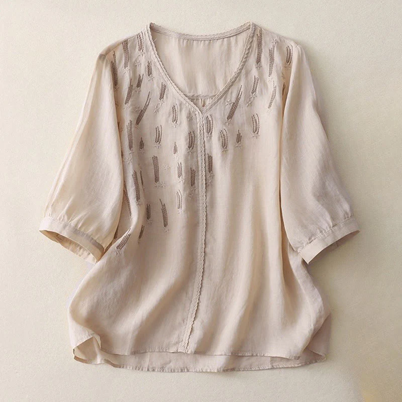 Camicia da donna in lino e cotone a mezza manica con scollo a V, ricamo a stella cadente Buddha Stones - Image 15