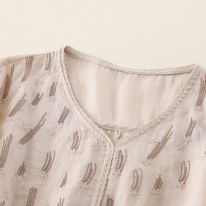 Camicia da donna in lino e cotone a mezza manica con scollo a V, ricamo a stella cadente Buddha Stones - Image 19