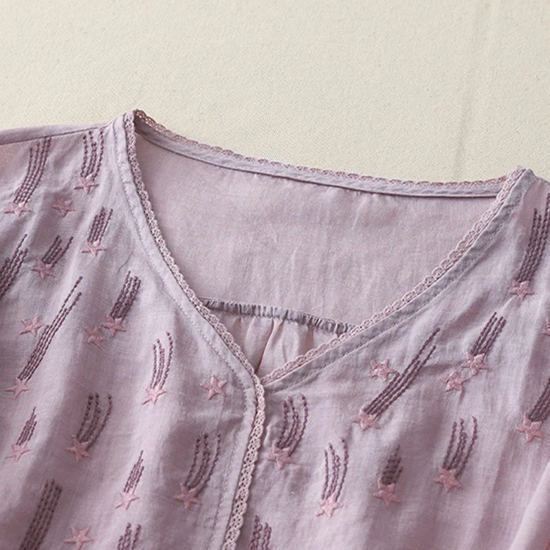 Camicia da donna in lino e cotone a mezza manica con scollo a V, ricamo a stella cadente Buddha Stones - Image 2