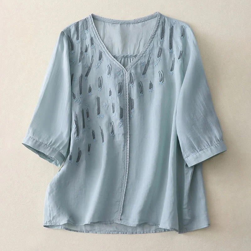 Camicia da donna in lino e cotone a mezza manica con scollo a V, ricamo a stella cadente Buddha Stones - Image 20