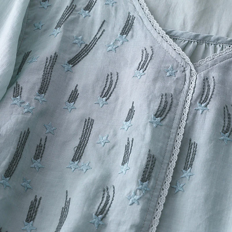 Camicia da donna in lino e cotone a mezza manica con scollo a V, ricamo a stella cadente Buddha Stones - Image 22