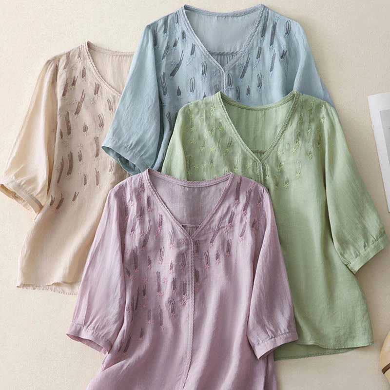 Camicia da donna in lino e cotone a mezza manica con scollo a V, ricamo a stella cadente Buddha Stones - Image 25
