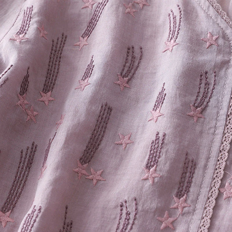 Camicia da donna in lino e cotone a mezza manica con scollo a V, ricamo a stella cadente Buddha Stones - Image 6