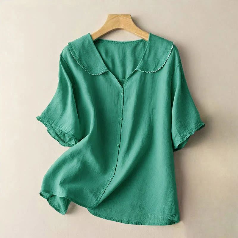 Camicia da donna casual con bottoni e collo medio, manica corta e semplice, motivo Buddha Stones