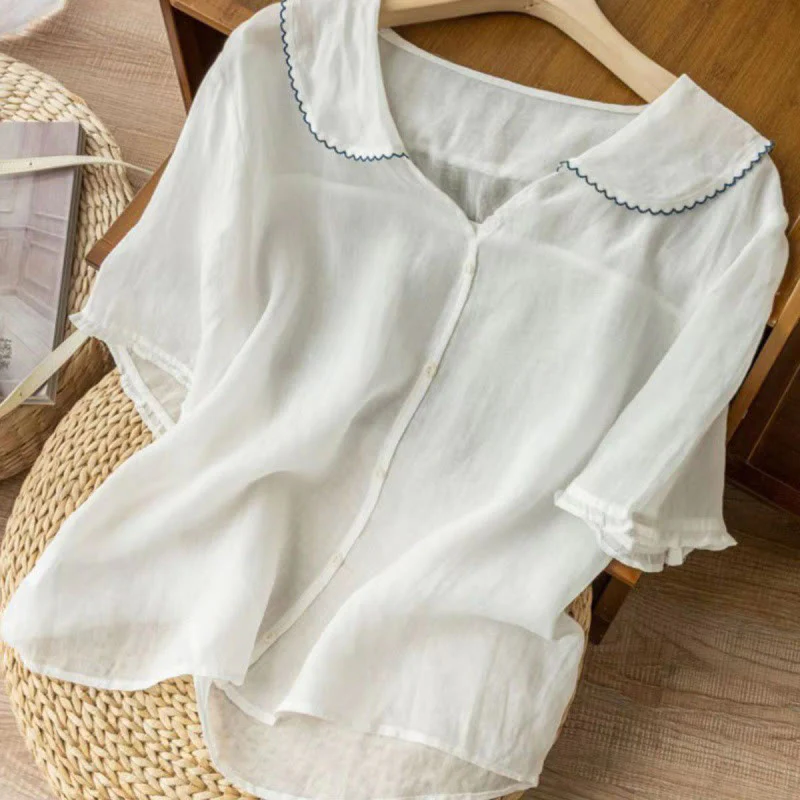 Camicia da donna casual con bottoni e collo medio, manica corta e semplice, motivo Buddha Stones - Image 19