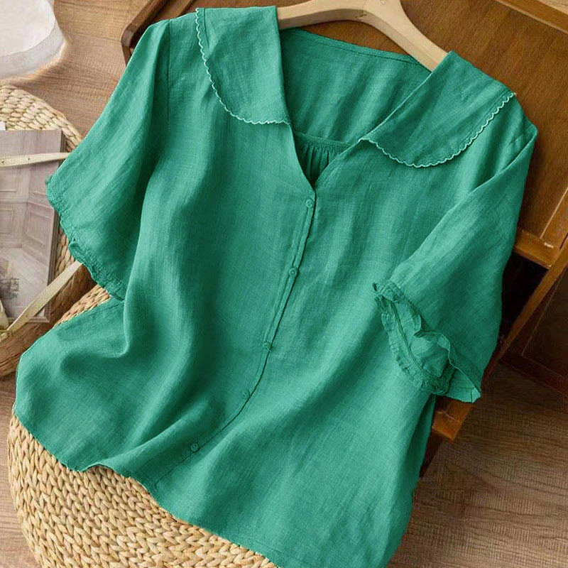 Camicia da donna casual con bottoni e collo medio, manica corta e semplice, motivo Buddha Stones - Image 2