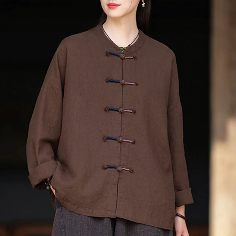 Camicia da donna in lino ramiè a maniche lunghe con bottoni a rana e tinta unita , Buddha Stones - Image 10
