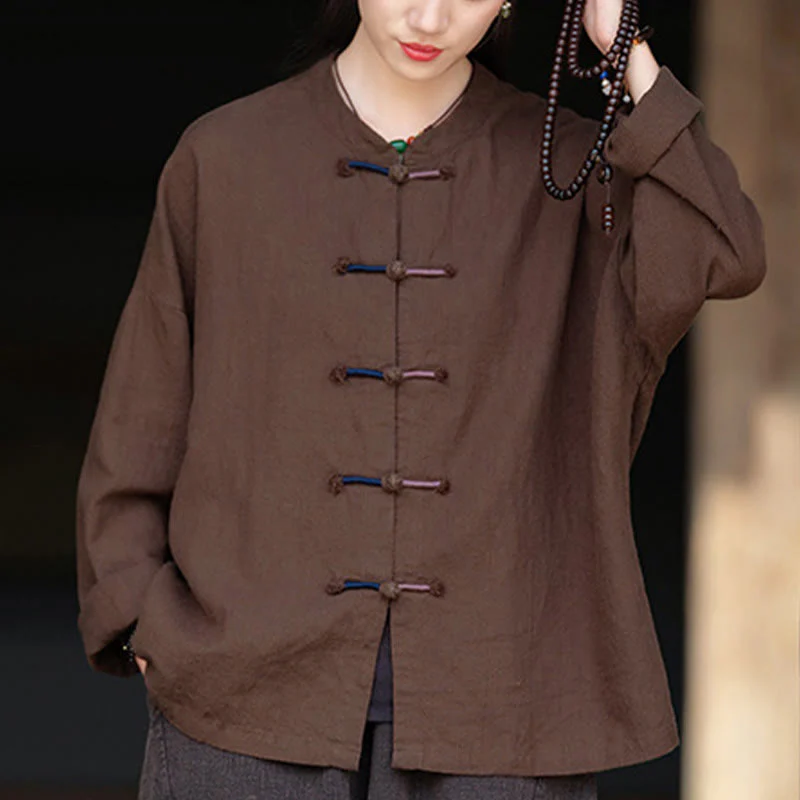 Camicia da donna in lino ramiè a maniche lunghe con bottoni a rana e tinta unita , Buddha Stones - Image 11