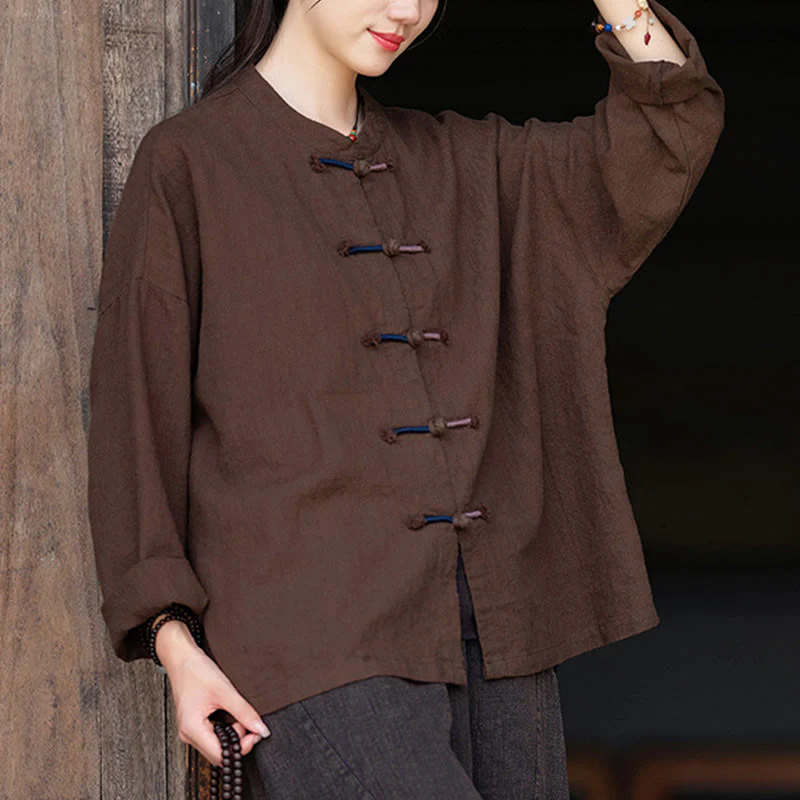 Camicia da donna in lino ramiè a maniche lunghe con bottoni a rana e tinta unita , Buddha Stones - Image 13
